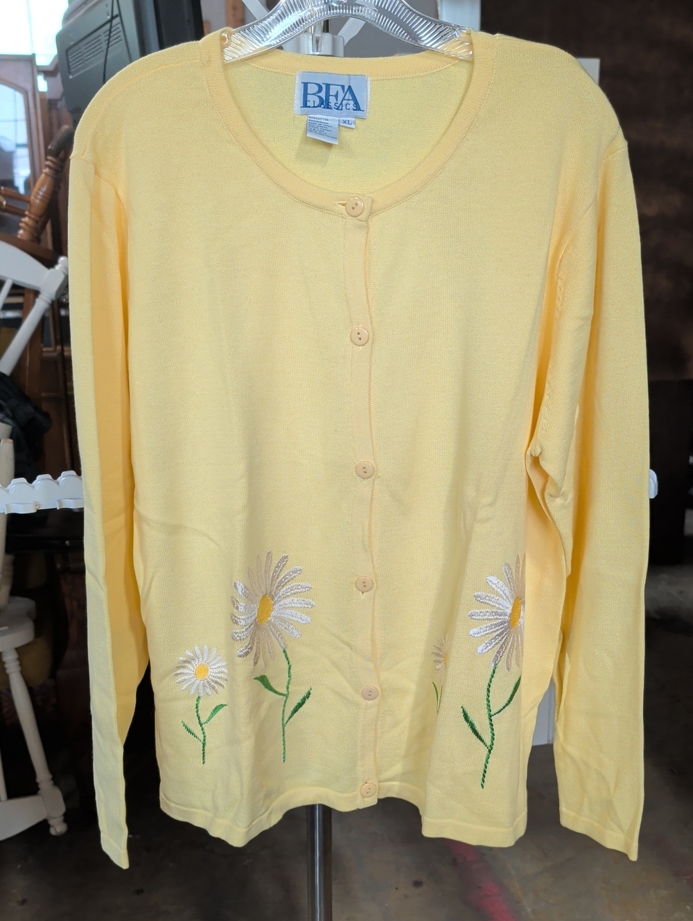 BFA Classics Yellow Daisy Embroidered Button-Front Cardigan Like New